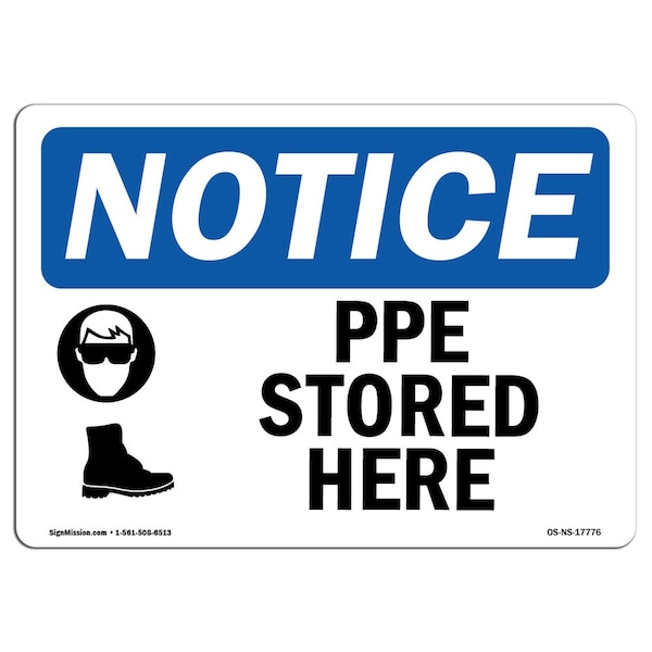 OSHA Sign, PPE Stored Here With Symbol, 5in X 3.5in Decal, 10PK, 5" W, 3.5" H, Landscape, PK10